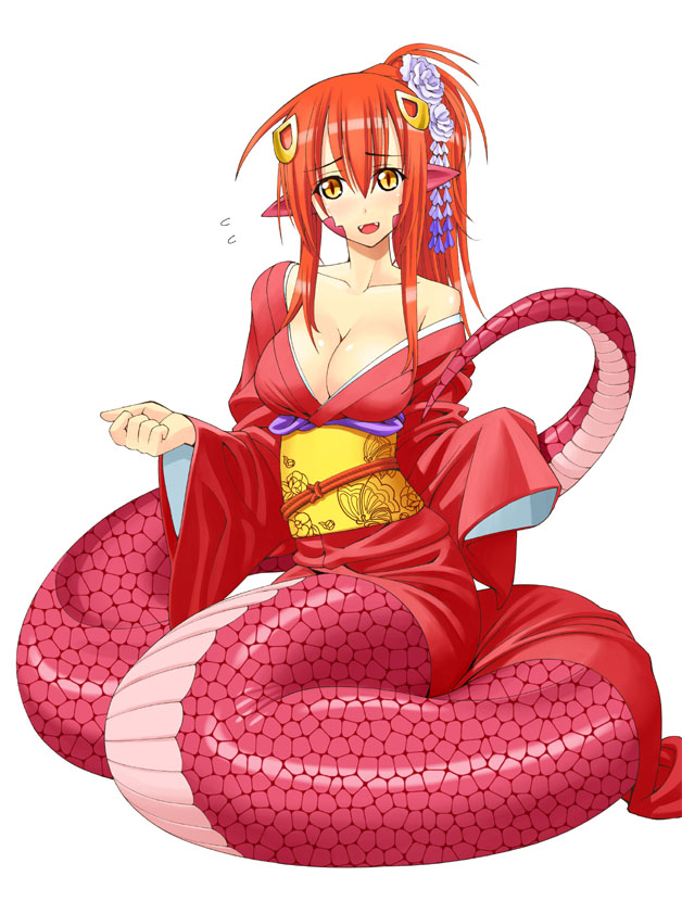 1girl breasts cleavage fangs flower flying_sweatdrops hair_flower hair_ornament inui_takemaru japanese_clothes kimono lamia long_hair looking_at_viewer miia_(monster_musume) monster_girl monster_musume_no_iru_nichijou official_art okayado open_clothes open_mouth pointy_ears ponytail simple_background slit_pupils solo white_background yellow_eyes