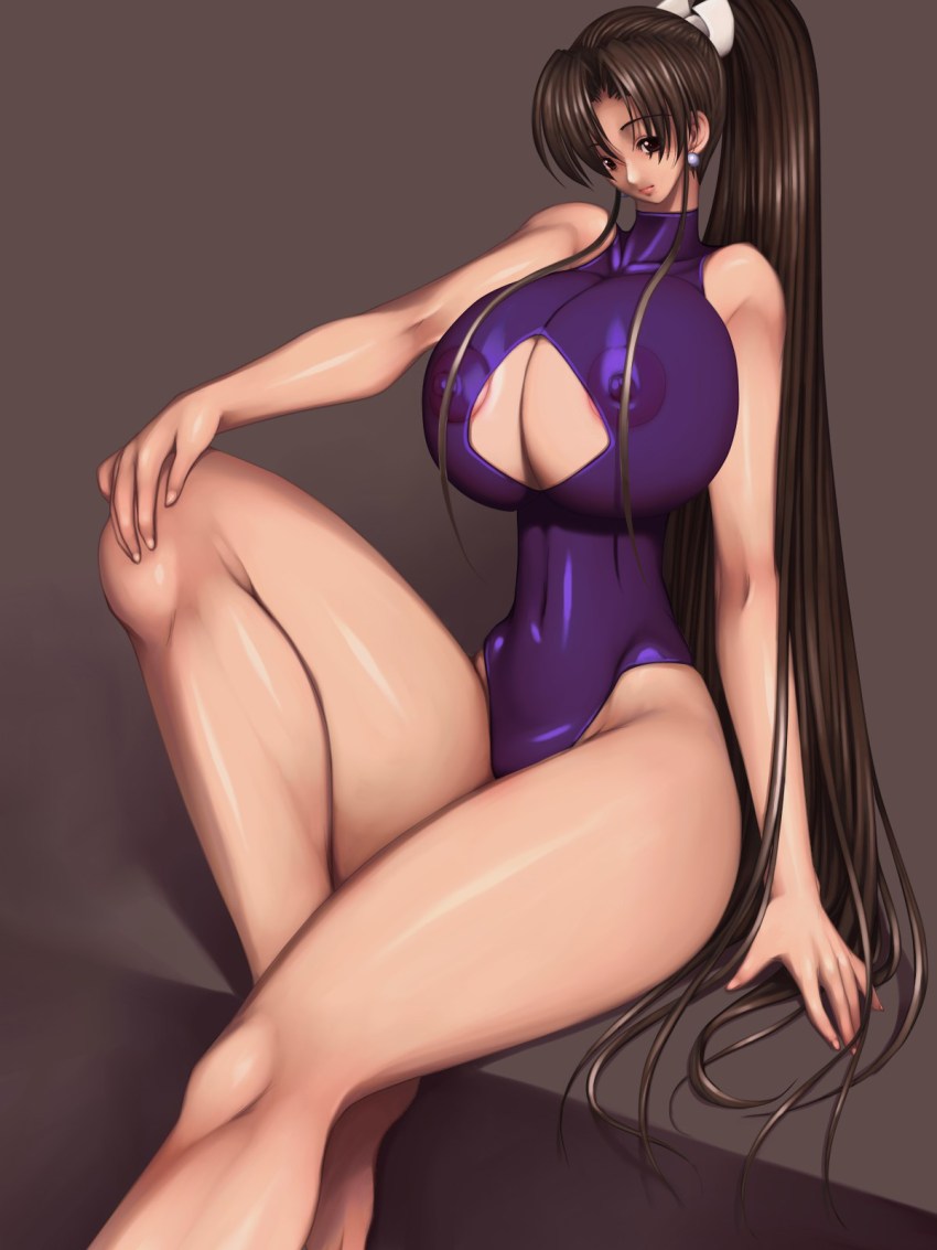 1girl areola areola_slip arms_behind_head arms_up ass bad_proportions bare_shoulders big_breasts boots bow breasts brown_background brown_eyes brown_hair capcom cleavage cleavage_cutout collarbone cosplay curvy erect_nipples fatal_fury fingerless_gloves gigantic_breasts gloves hair_bow hair_ornament happy high_ponytail high_res hips huge_breasts jewelry king_of_fighters knee_boots knees konekonewasabii large_areolae leg_lift legs leotard lipstick long_hair looking_at_viewer lying makeup midriff mound_of_venus nail nail_polish ninja nipples panties pantyhose pink_legwear ponytail red_eyes shermie shermie_(cosplay) shiranui_mai sideboob simple_background sitting smile snk solo stockings thick_thighs thighs underwear wasabi_konekone wide_hips