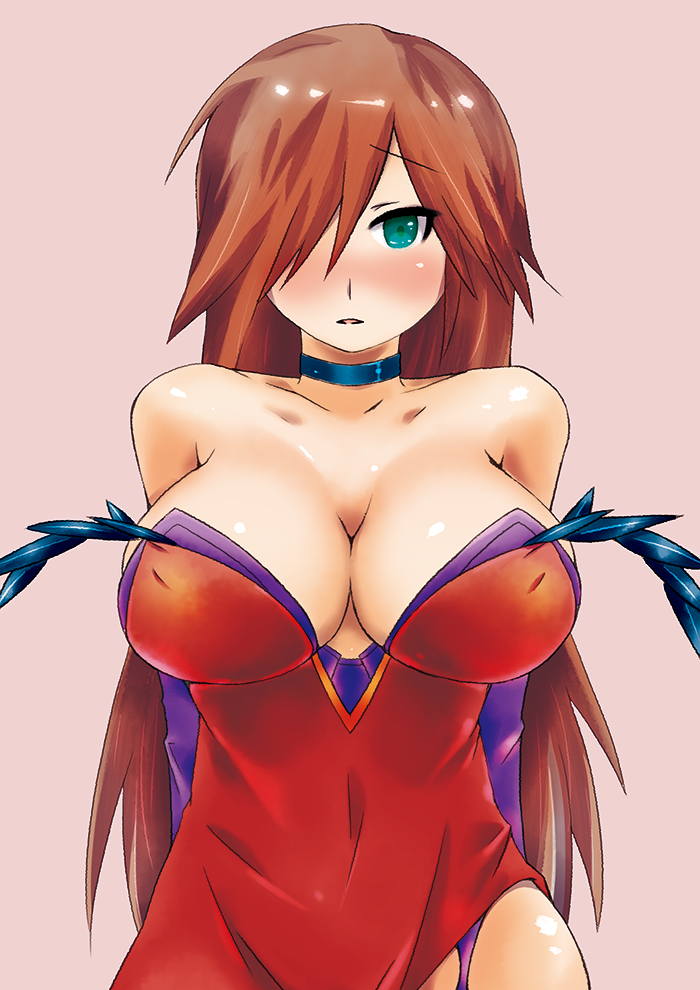 1girl aqua_eyes big_breasts blush breasts brown_hair choker green_eyes hair_over_one_eye large_breasts long_hair looking_at_viewer nyx queen's_blade queen's_blade solo tetotepenson