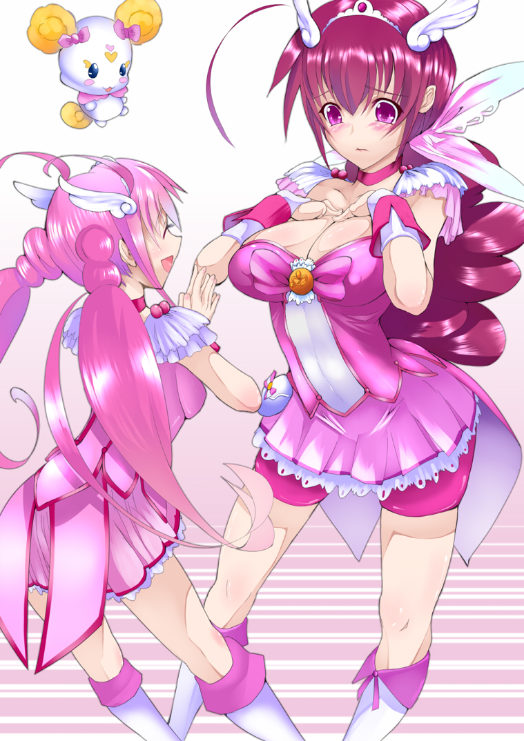 2girls big_breasts bike_shorts blush boots bow breast_suppress breasts candy_(smile_precure!) choker cleavage cosplay cure_happy cure_happy_(cosplay) dress hair hoshizora_ikuyo hoshizora_miyuki koucha_maru large_breasts long_hair magical_girl milf mother_and_daughter multiple_girls open_mouth pink_bow pink_eyes pink_hair precure shorts_under_skirt smile smile_precure! tiara twin_tails twintails