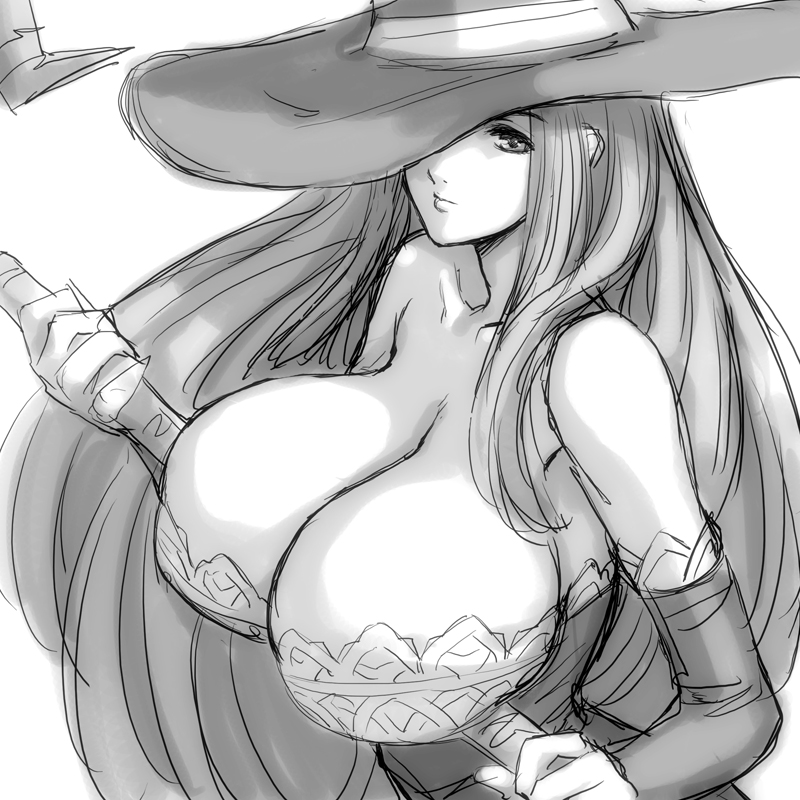 1girl bare_shoulders breasts cleavage detached_sleeves dragon's_crown dragon's_crown dress hat hat_over_one_eye huge_breasts magaki_ryouta monochrome sketch solo sorceress sorceress_(dragon's_crown) sorceress_(dragon's_crown) staff strapless_dress vanillaware witch_hat