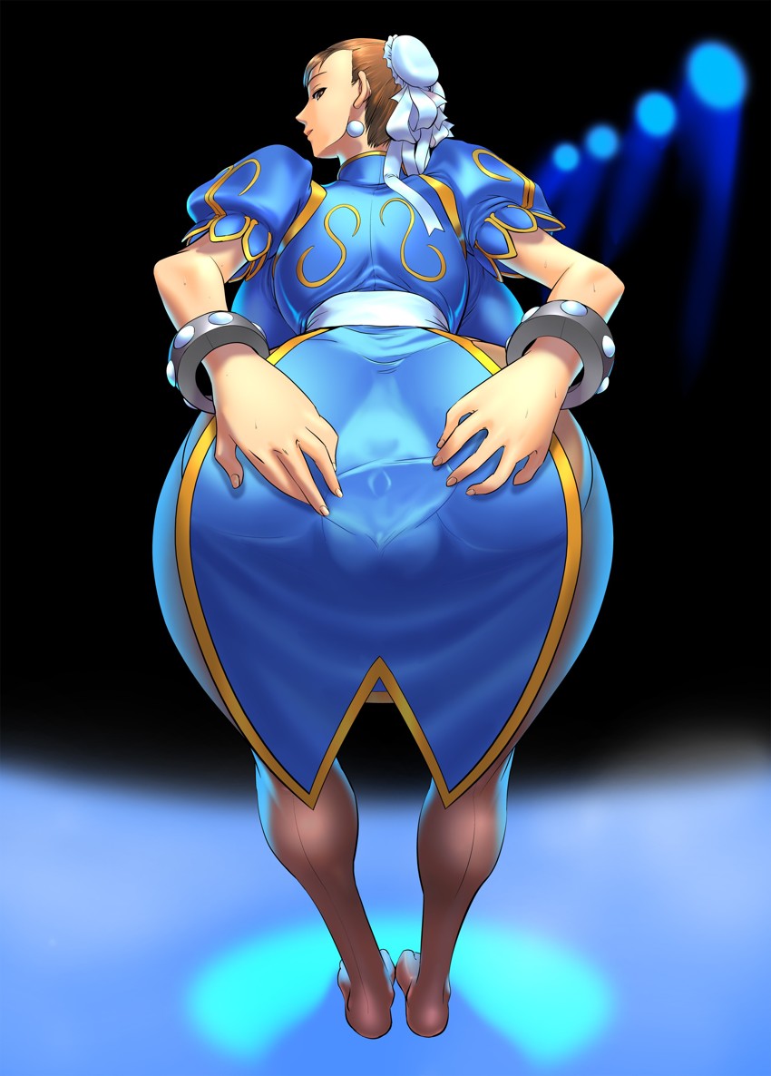 absurd_res ass bent_over big_breasts bracelet breasts brown_eyes brown_hair bun_cover capcom china_dress chinese_clothes chun-li cosine double_bun earrings high_res hips huge_ass huge_breasts jewelry muscle pantyhose pussy spread_pussy_under_clothes street_fighter thick_thighs thighs wide_hips