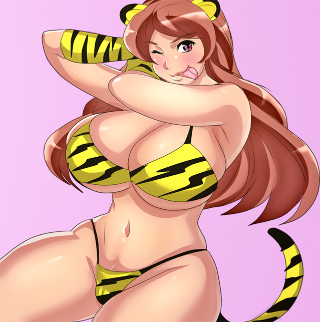 1girl :p animal_ears bikini blue_eyes blush bouncing_breasts breasts brown_hair curvy gigantic_breasts glasses huge_breasts long_hair navel nipples one_eye_closed open_mouth original original_character solo swimsuit tail tamanegiya tiger_ears tiger_girl tiger_print tiger_tail tongue tongue_out topless toramimi undressing wink