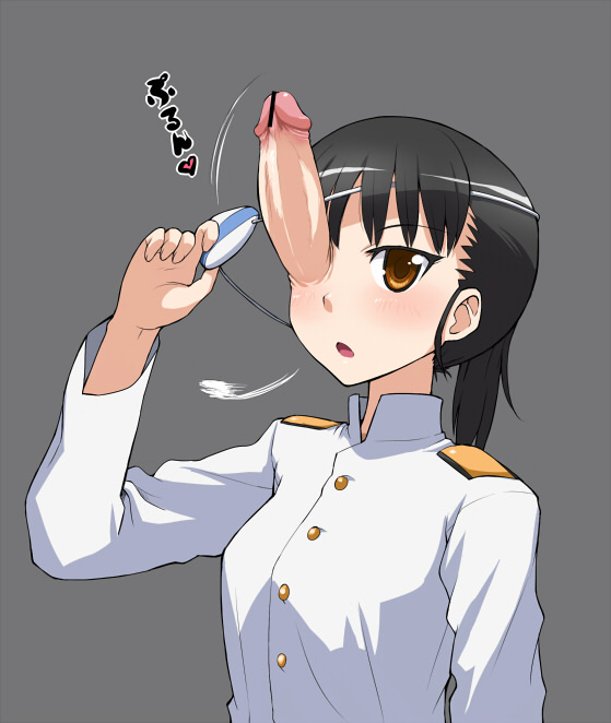 1girl :o bar_censor black_hair blush brown_eyes bust censor_bar censored cyclops ereraero eyepatch eyepatch_removed futanari grey_background looking_at_viewer military military_uniform motion_lines one-eyed open_mouth penis ponytail sakamoto_mio simple_background solo strike_witches translated undressing uniform upper_body what