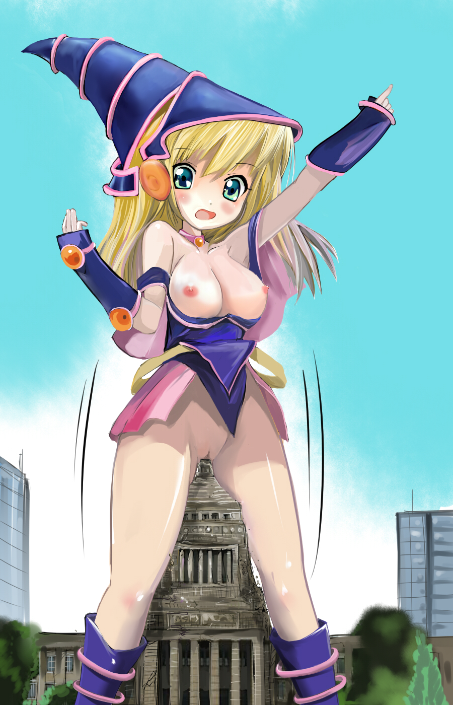 1girl bad_id bare_shoulders barefoot blonde_hair blue_eyes blue_hair blush boots breast_grab breasts building building_sex collar dark_magician_girl duel_monster feet giantess hat highres insertion inuyama landmark masturbation national_diet_building no_bra no_panties object_insertion open_clothes open_mouth open_shirt panties pussy short_hair solo spread_legs through_panties twin_tails uncensored underwear wardrobe_malfunction wince wink witch_hat wizard_hat yu-gi-oh! yuu-gi-ou yuu-gi-ou_duel_monsters