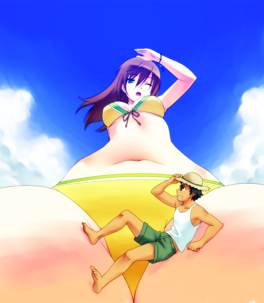 1boy 1girl arm_support belly between_legs bikini bikini_bottom bikini_top blue_eyes breasts brunette character_request from_below giantess hair kneel knees leaning_back long_hair looking_at_victim looking_at_viewer looking_down monkey_d._luffy navel one_eye_closed one_piece open_mouth point_of_view purple_hair shorts sitting size_difference sky swimsuit tanned teston upper_body yellow_bikini yellow_swimsuit