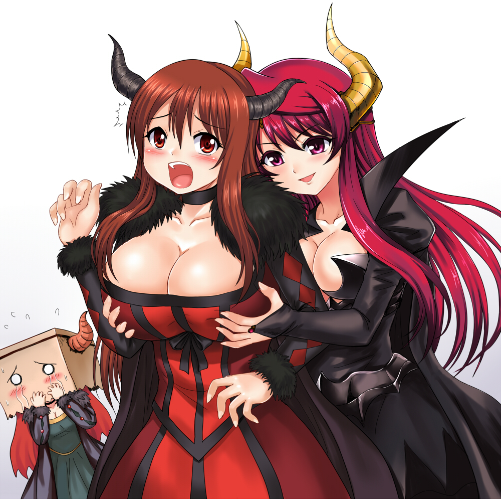3_girls 3girls argyle bag bag_over_head black_dress blush breast_grab breasts bridal_gauntlets brown_eyes brown_hair choker cleavage demon_girl demon_horns dress dual_persona grabbing horns huge_breasts large_breasts long_hair maou_(maoyuu) maoyuu_maou_yuusha multiple_girls multiple_persona open_mouth paper_bag red_dress red_eyes red_hair white_background y.ssanoha