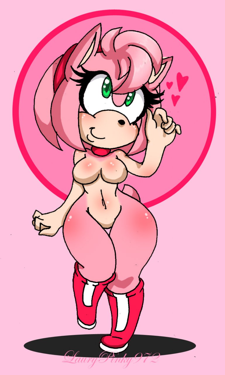 amy_rose anthro boots breasts furry green_eyes hair hairband heart hedgehog laurypinky972 nude pink_hair pussy sega shiny shiny_skin short_hair smile solo sonic_(series)