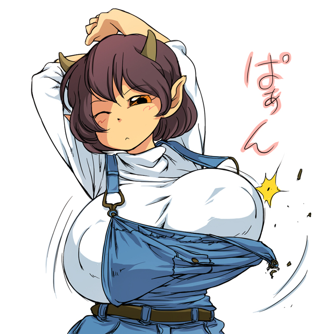 1girl breast_expansion breasts brown_eyes brown_hair bursting_breasts cleavage cow_girl female hataraki_ari horns huge_breasts original overalls pointy_ears puffy_nipples short_hair solo standing upper_body wardrobe_malfunction white_background wince wink yellow_eyes