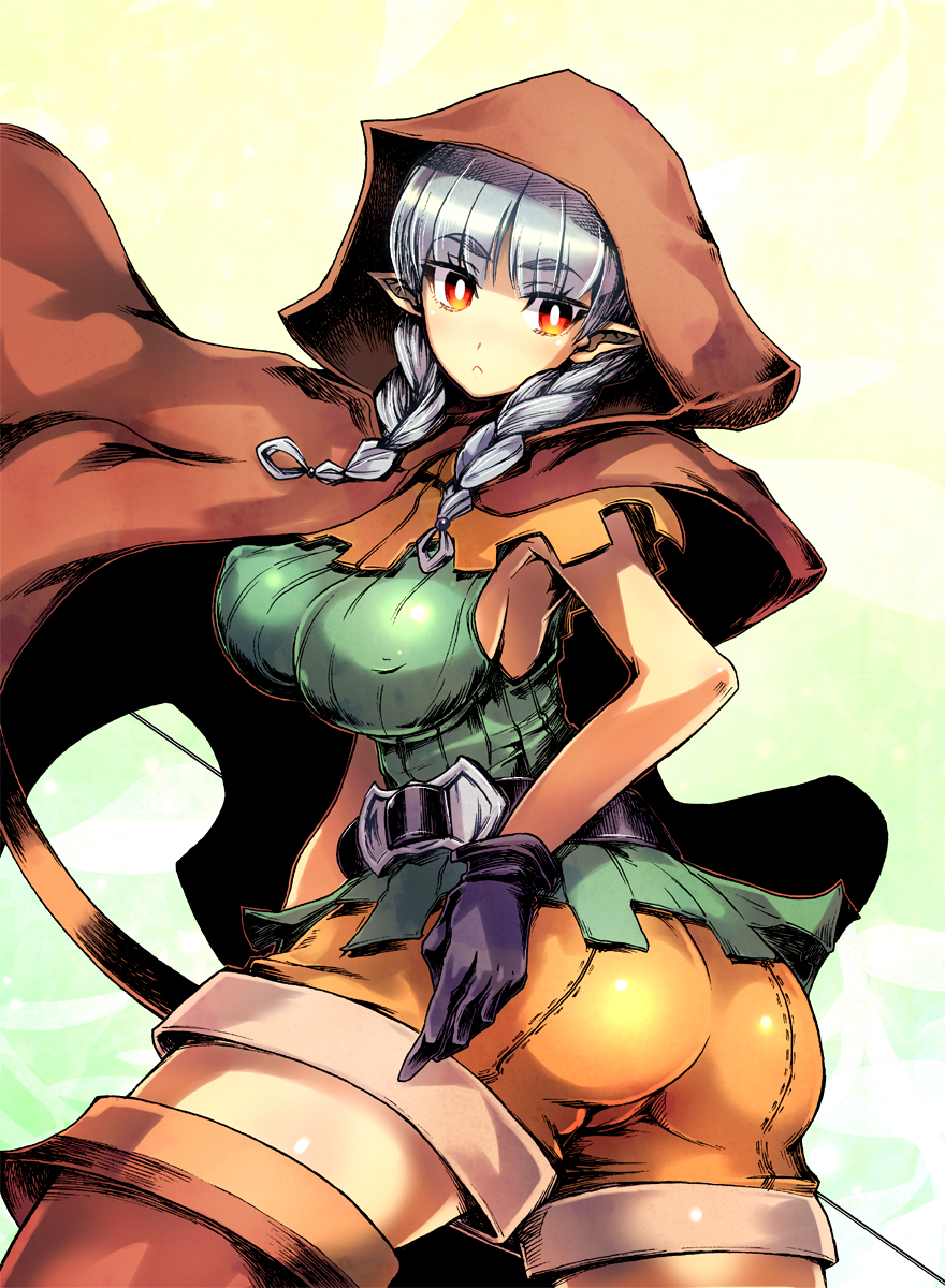 1girl ass belt big_breasts boots bow_(weapon) braid braids breasts cape cloak dragon's_crown dragon's_crown elf elf_(dragon's_crown) elf_(dragon's_crown) erect_nipples fat_mons from_behind frown gloves grey_hair high_res highres hood large_breasts long_hair looking_back orange_eyes pointy_ears red_eyes sentarou shorts sideboob sleeveless solo stockings thigh_boots thigh_high_boots thighhighs thighs vanillaware weapon