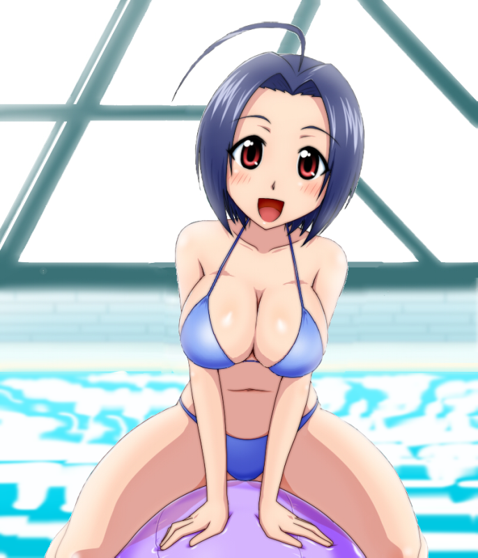 1girl ahoge animated animated_png arm_support big_breasts blue_hair blush bouncing_breasts breasts cleavage collaboration gif goriate idolmaster idolmaster_2 indoor_pool inflatable_raft kaze_(kazesan) kazesan large_breasts miura_azusa navel open_mouth pool red_eyes rei_no_pool riding shiny shiny_skin short_hair smile solo