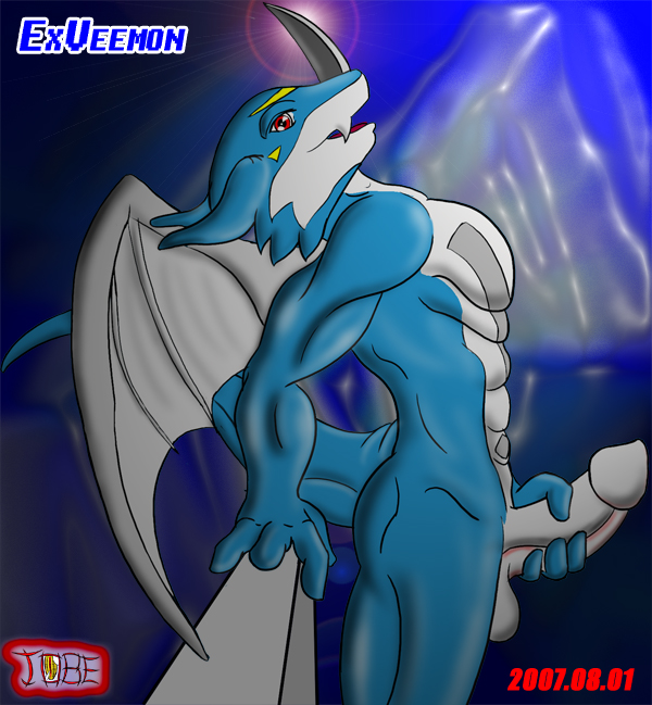 2007 abs anime ass biceps blade blue_skin cute digimon dragon exveemon furry grasp holding jobe lizard looking_at_viewer muscles nude open_mouth pecs penis red_eyes reptile scalie standing testicles tongue wings