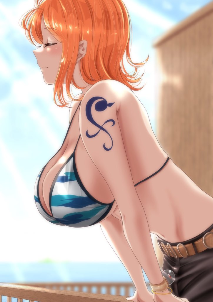 1girl 1girl 1girl bare_shoulders belt big_breasts bikini_top blue_and_white blush breasts closed_eyes clothed_female female_focus female_only huge_breasts leaning_forward log_pose mature mature_female midriff moriton nami navel no_shirt one_piece orange_hair pants partially_clothed railing short_hair sky smile solo_female solo_focus sunlight tagme tattoo wood wooden_wall