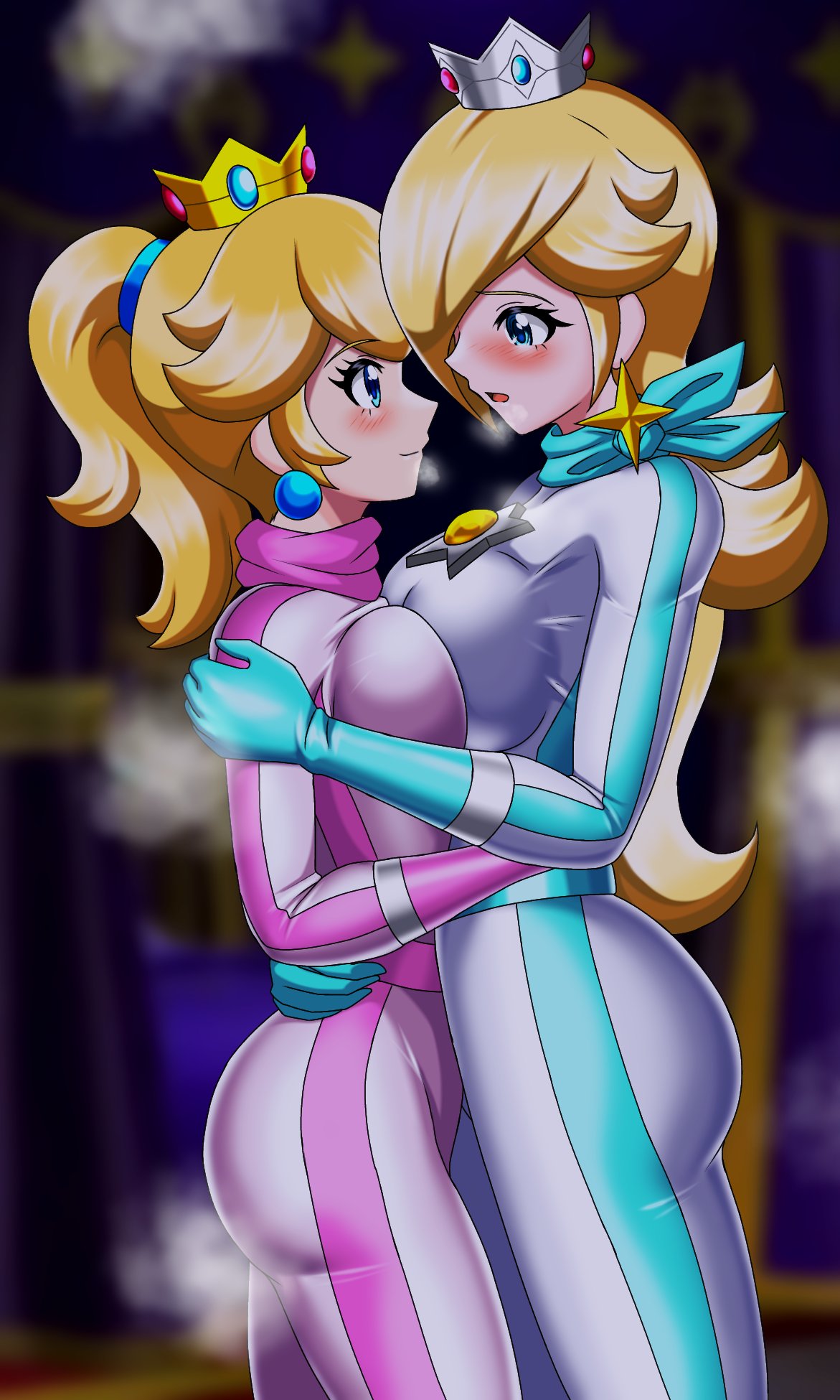 2_girls alluring blonde_hair bodysuit breasts female_only irohazakayouth looking_at_each_other mario_(series) multiple_girls nintendo princess_peach princess_rosalina rosalina super_mario_bros. super_mario_bros._(2023_film) the_super_mario_bros_movie yuri