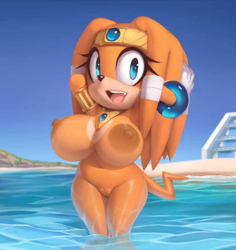 1girl anthro areola big_areola breasts echidna female furry huge_breasts mysticalpp navel nipples nude nude_female partially_submerged puffy_nipples pussy sega skinny_dipping solo sonic_adventure sonic_the_hedgehog_(series) tagme tikal_the_echidna wading water