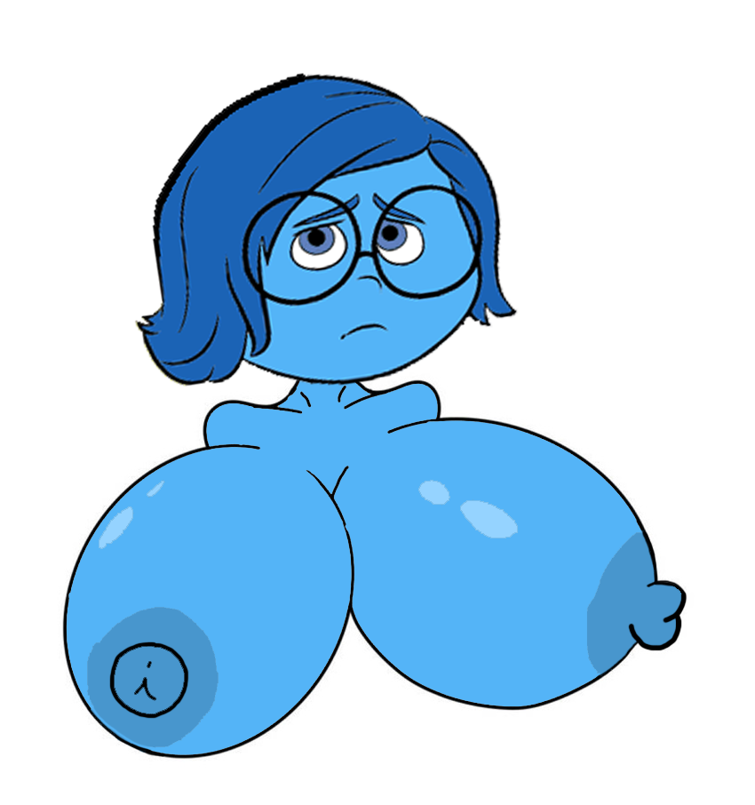 1girl 2024 alternate_breast_size big_breasts blue_hair blue_skin breasts breasts_bigger_than_head disney female_only fv1883draws giant_breasts glasses huge_breasts inside_out looking_at_viewer nipples pixar sadness_(inside_out) simple_background solo_female upper_body white_background