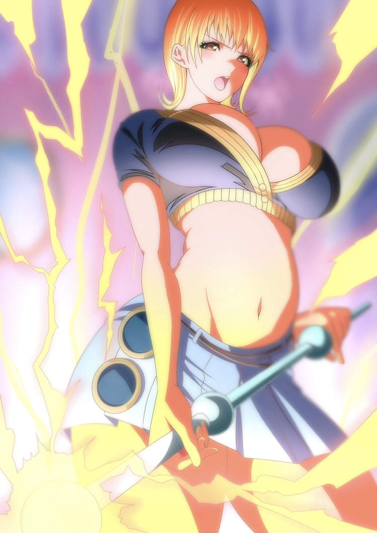 1girl 1girl 1girl big_breasts breasts clothed_female female_focus female_only mature mature_female moriton nami nami_(one_piece) one_piece orange_hair short_hair skirt solo_female solo_focus tagme weapon