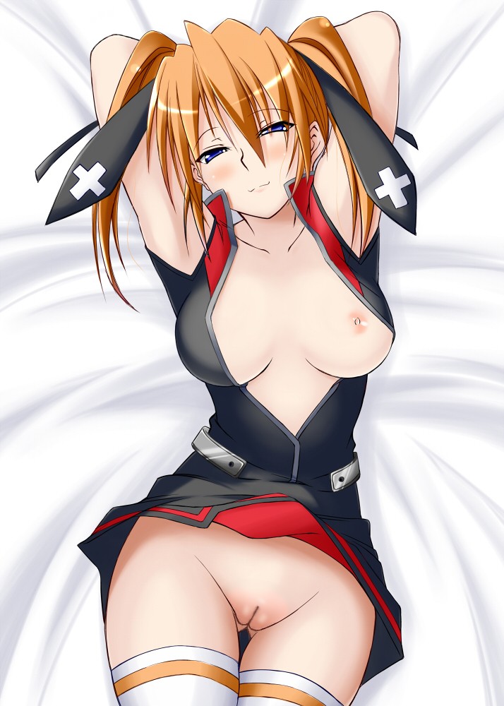 1girl blue_eyes blush breasts cameltoe lyrical_nanoha mahou_shoujo_lyrical_nanoha mahou_shoujo_lyrical_nanoha_strikers no_panties open_clothes open_shirt orange_hair photoshop pussy shirt smile solo teana_lanster thigh_gap thighhighs uncensored