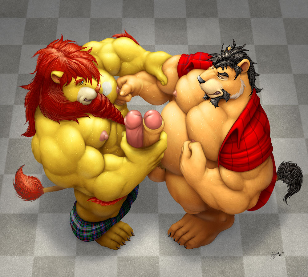 2boys bara braford chubby facial_hair frottage frotting furry gay lion male male_only multiple_boys muscle nievelion nippleplay nipples no_humans original partially_clothed pecs penis stomach