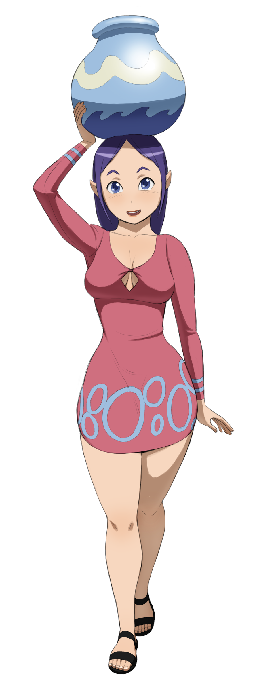1girl absurdres bangs bare_legs big_breasts blue_eyes blush breasts carrying cleavage cleavage_cutout curvy drawfag dress feet highres jar large_breasts long_hair nikcesco nintendo older open_mouth parted_bangs pointy_ears pot purple_hair sandals simple_background slender_waist smile solo standing sue-belle_(the_wind_waker) the_legend_of_zelda the_legend_of_zelda:_the_wind_waker the_wind_waker toes transparent transparent_background wide_hips