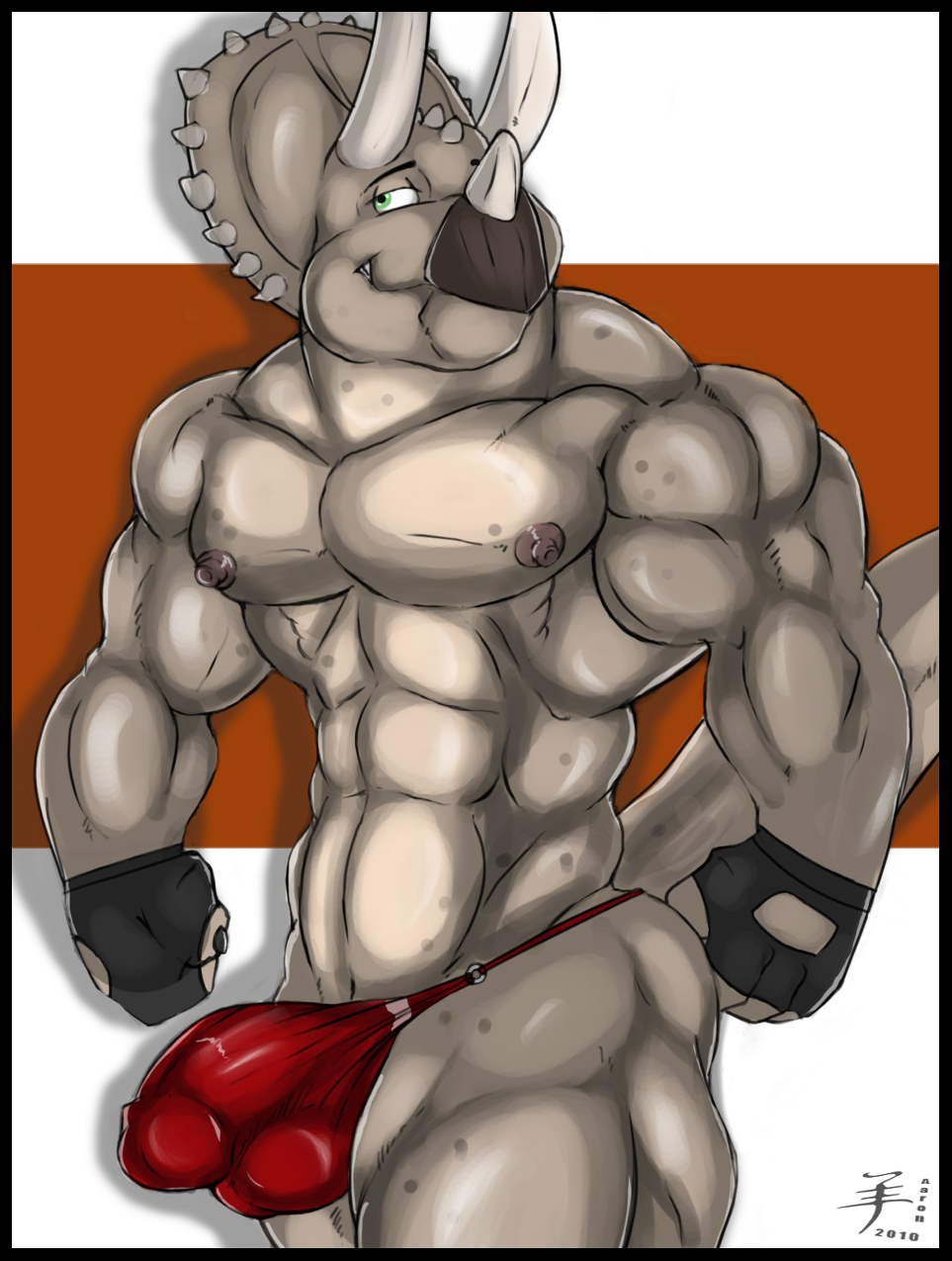 2010 aaron_(artist) big_penis bulge clothing dinosaur erection green_eyes horns male muscles nipples original partially_clothed penis scalie solo speedo testicles triceratops underwear