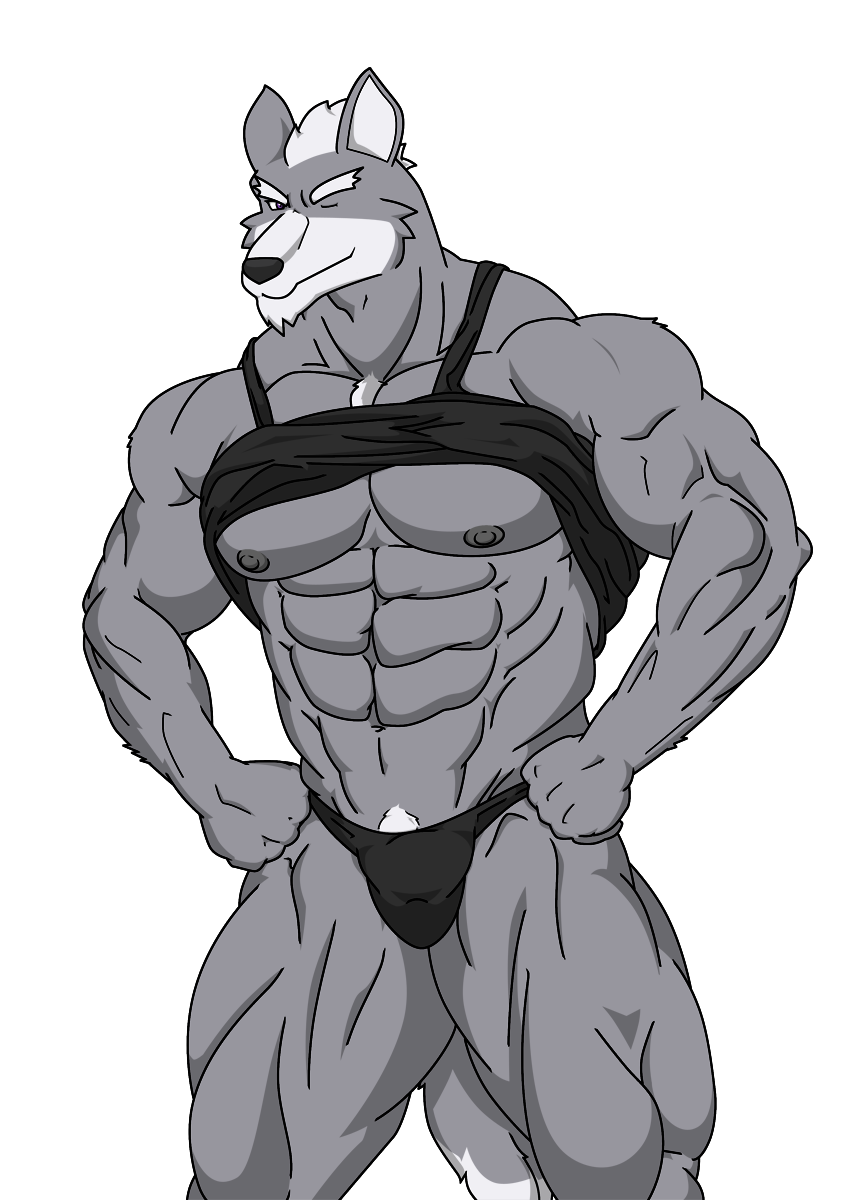 abs beard biceps bulge canine chest_hair clothing eyebrows facial_hair fist hair happy looking_at_viewer male mohawk muscles navel nintendo nipples one_eye_closed pecs pubic_hair shirt smile solo speedo standing star_fox transparent_background underwear video_games wink wolf wolf_o'donnell wolfoxokamichan