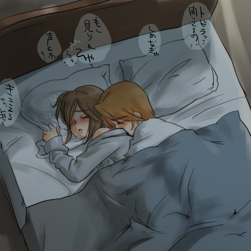 1boy 1girl bare_shoulders bed blanket blush breast_grab brother_and_sister brown_hair cady caught code_geass door female grabbing incest kewell_soresi male marika_soresi open_clothes orange_hair pillow_grab shadow short_hair siblings spooning stealth_sex translated under_covers walk-in
