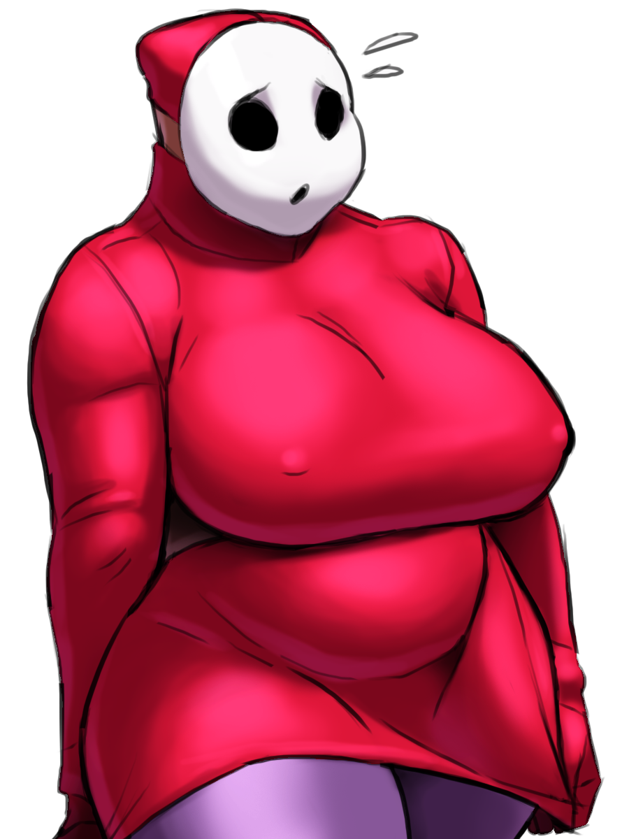 1girl belly breasts clothes covered_nipples drawfag dress embarrassed erect_nipples fat genderswap highres huge_breasts mario_(series) mask nikcesco nintendo pantyhose plump purple_legwear shy_gal shy_guy solo super_mario_bros. sweatdrop sweater sweater_dress thick_thighs thighs transparent_background wide_hips