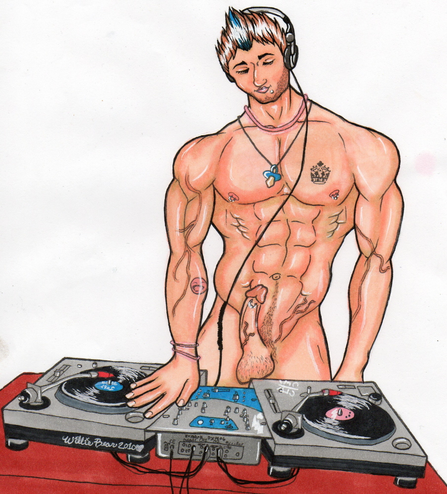 1boy dj erection facial_hair headphones human male male_only muscle nude penis solo solo_focus yaoi