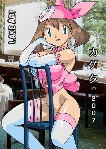 2007 alluring big_breasts bottomless breasts chair haruka_(pokemon) kageta lake_art looking_at_viewer may naked_from_the_waist_down pokemon pussy zage_inc