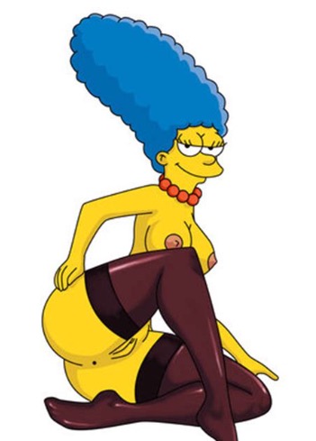 1girl areola ass blue_hair breasts exposed_pussy hips legs looking_at_viewer marge_simpson milf necklace nude pantyhose pussy sexy sitting slut smile the_simpsons thigh_highs thighs yellow_skin