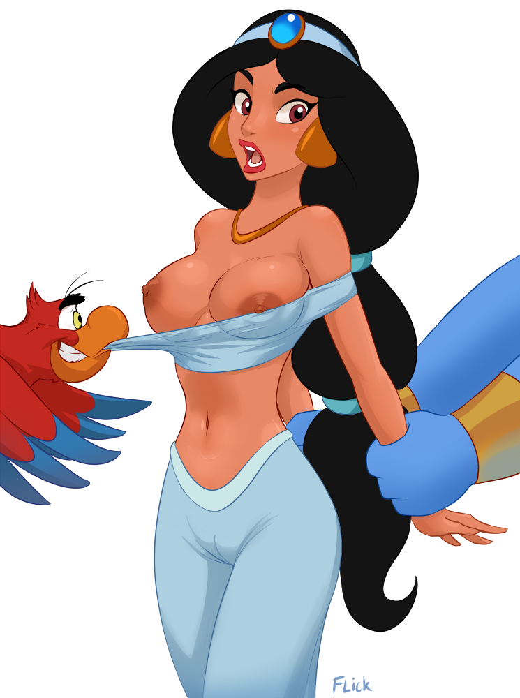 aladdin_(series) breasts disney flick_(artist) genie_(aladdin) iago nipples princess_jasmine white_background