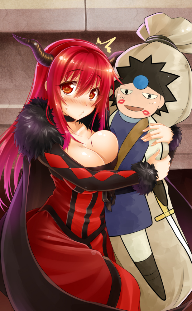 /\/\/\ 1girl big_breasts body_pillow breasts choker cleavage dakimakura_(object) dress fake_horns female_only fur_trim horns large_breasts lipstick_mark long_hair looking_at_viewer maou_(maoyuu) maoyuu_maou_yuusha o3o okitakung pillow pillow_hug red_dress red_eyes red_hair solo_female sweat