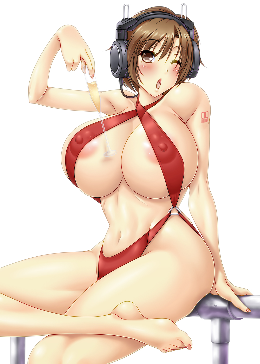 1girl alcohol areola areola_slip areolae ayato barefoot belly bikini blush breasts brown_eyes brown_hair champagne covered_nipples erect_nipples feet glass hair headphones highres huge_breasts large_areolae looking_at_viewer meiko nail_polish navel nipples one_eye_closed open_mouth short_hair sling_bikini smile solo swimsuit toe-point toenail_polish toes vocaloid wink