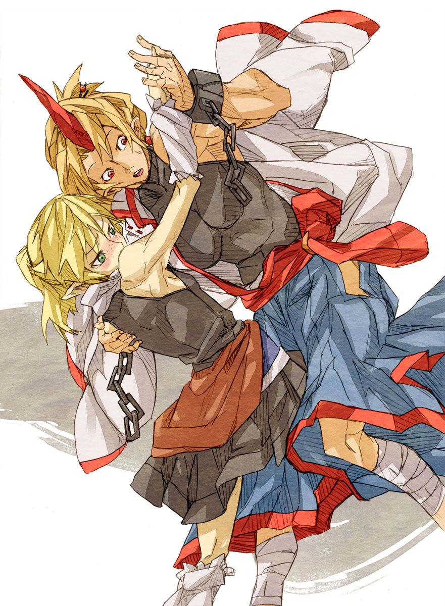 2girls adapted_costume alternate_hairstyle arm_warmers armpits bandage bandages bare_shoulders blush chain chains cuffs dancing dutch_angle female freckles green_eyes hair hair_ornament hair_up hairpin hand_holding high_res highres holding_hands horn hoshiguma_yuugi mizuhashi_parsee multiple_girls muscle numa_(minus_4k) oni pale_skin pointy_ears red_eyes scarf shackles skirt sleeveless touhou