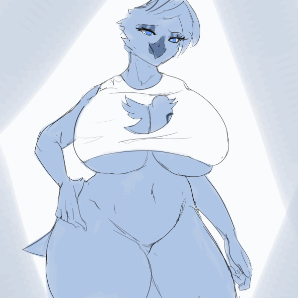 1girl anthro anthrofied avian big_breasts bird breast_drop breasts clothed clothing dreamy_pride female female_only flashing furry gif huge_breasts invalid_tag looking_at_viewer nipples nude one_eye_closed simple_background smile solo standing text thick_thighs tweetfur twitter wide_hips wink