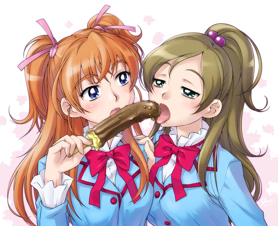 2girls banana_popsicle blue_eyes blue_shirt bow brown_hair eyelashes food green_eyes hair hair_bobbles hair_ornament hair_ribbon half_updo houjou_hibiki licking long_hair minamino_kanade multiple_girls open_mouth orange_hair pink_bow ponytail popsicle precure ribbon same school_uniform sexually_suggestive shirt suite_precure tongue twin_tails twintails two_side_up white_background
