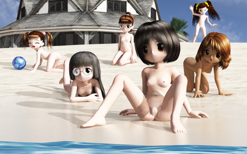 3d 6+girls all_fours ass ball barefoot beach black_hair breasts brown_hair cleft_of_venus closed_eyes feet glasses hair_ribbon house kneel koyomisa long_hair mound_of_venus multiple_girls navel nipples nude ocean open_mouth outside ponytail pussy red_eyes ribbon short_hair sitting sky smile spread_legs toes tree twin_tails water zenra