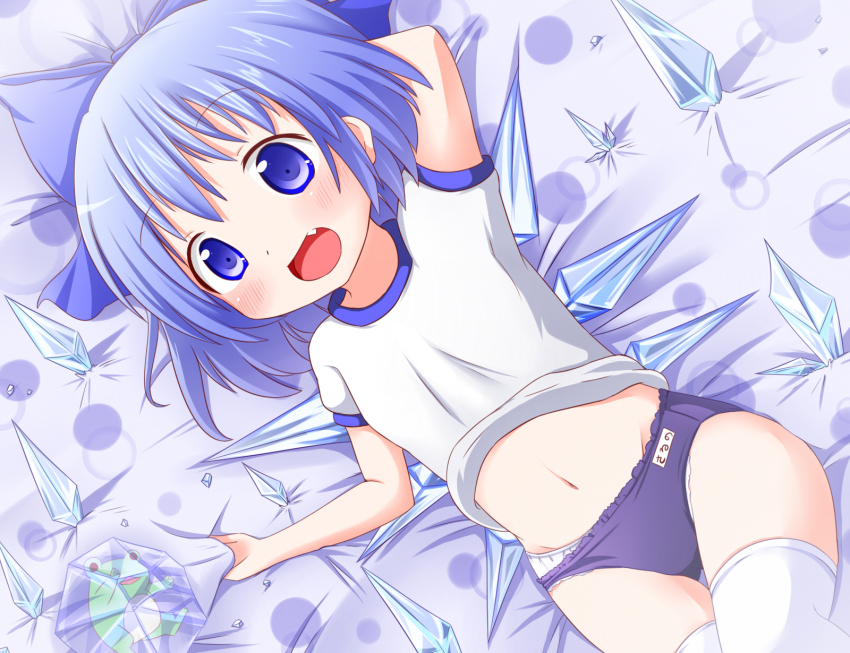 1girl arm_behind_head arm_up belly bloomers blue_eyes blue_hair blush bow cirno fang frog frozen gym_uniform hair hair_bow highres ice ice_wings lying makuran midriff navel on_back open_mouth panties shirt smile solo stockings touhou underwear white_legwear white_panties wings