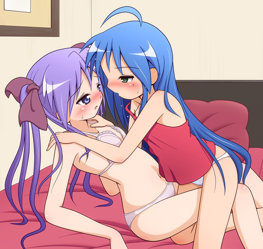 2girls ahoge arm_support bed blue_eyes blue_hair blush bra camisole collarbone eye_contact frills green_eyes hair hair_ribbon hands_on_another's_shoulders hiiragi_kagami izumi_konata leaning_back lingerie long_hair looking_at_another lucky_star mel_(artist) mel_(melty_pot) mole multiple_girls navel nervous off_shoulder on_bed panties purple_hair ribbon ruffles sweat tsurime twin_tails twintails underwear underwear_only very_long_hair white_panties yuri