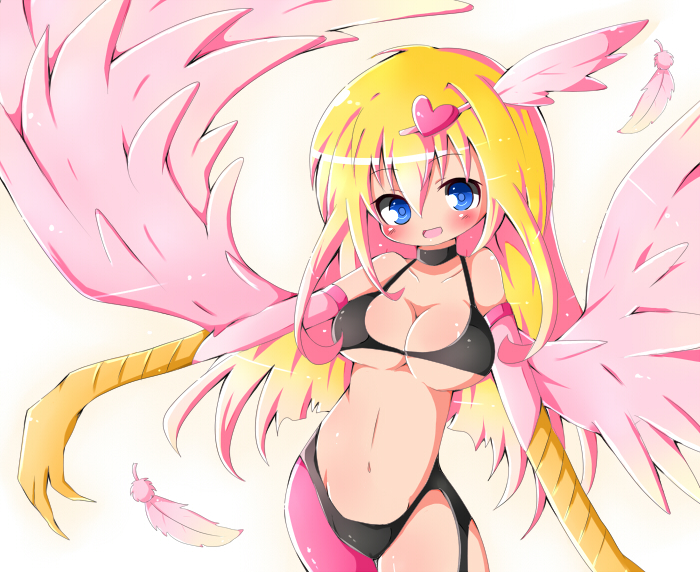 1girl blonde_hair blue_eyes blush breasts claws cleavage duel_monster feathers female hair_ornament hair_ornaments happy harpie_girl harpy heart heart_hair_ornament long_hair monster_girl navel open_mouth pink_wings smile solo underboob utubo25 wings yu-gi-oh! yuu-gi-ou yuu-gi-ou_duel_monsters