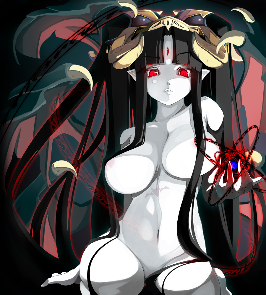 1girl aura black_hair breasts censored convenient_censoring demon_girl demon_wings female giratina glowing hair_ornament hair_over_breasts happy horns huge_breasts ki kneeling large_breasts long_hair magic_circle monster_girl no_pussy novagina nude original pale_skin personification pointy_ears psychedelic_g2 red_eyes shiki_(psychedelic_g2) sitting solo succubus tattoo third_eye very_long_hair wings