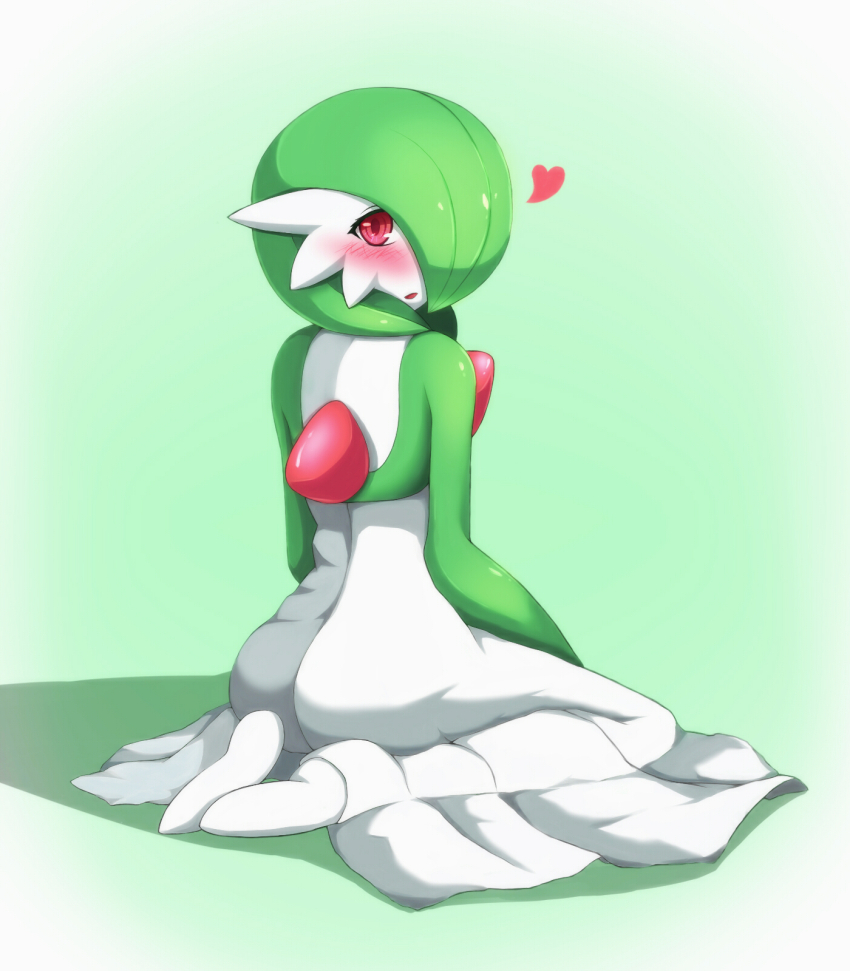 artist_request back blush from_behind gardevoir green_hair heart looking_back pokemon red_eyes solo