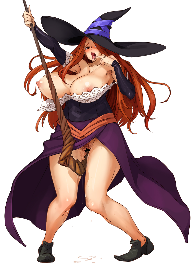 1girl bare_shoulders blush bobobo bouncing_breasts breast_slip breasts brown_hair censored curvy detached_sleeves dragon's_crown dragon's_crown dress elbow_gloves finger_in_mouth gloves hair_over_one_eye hat hips huge_breasts insertion long_hair masturbation nipple_slip nipples object_insertion orange_hair plump pubic_hair pussy pussy_juice red_eyes solo sorceress sorceress_(dragon's_crown) sorceress_(dragon's_crown) staff strapless_dress sweat tongue vanillaware wide_hips witch witch_hat