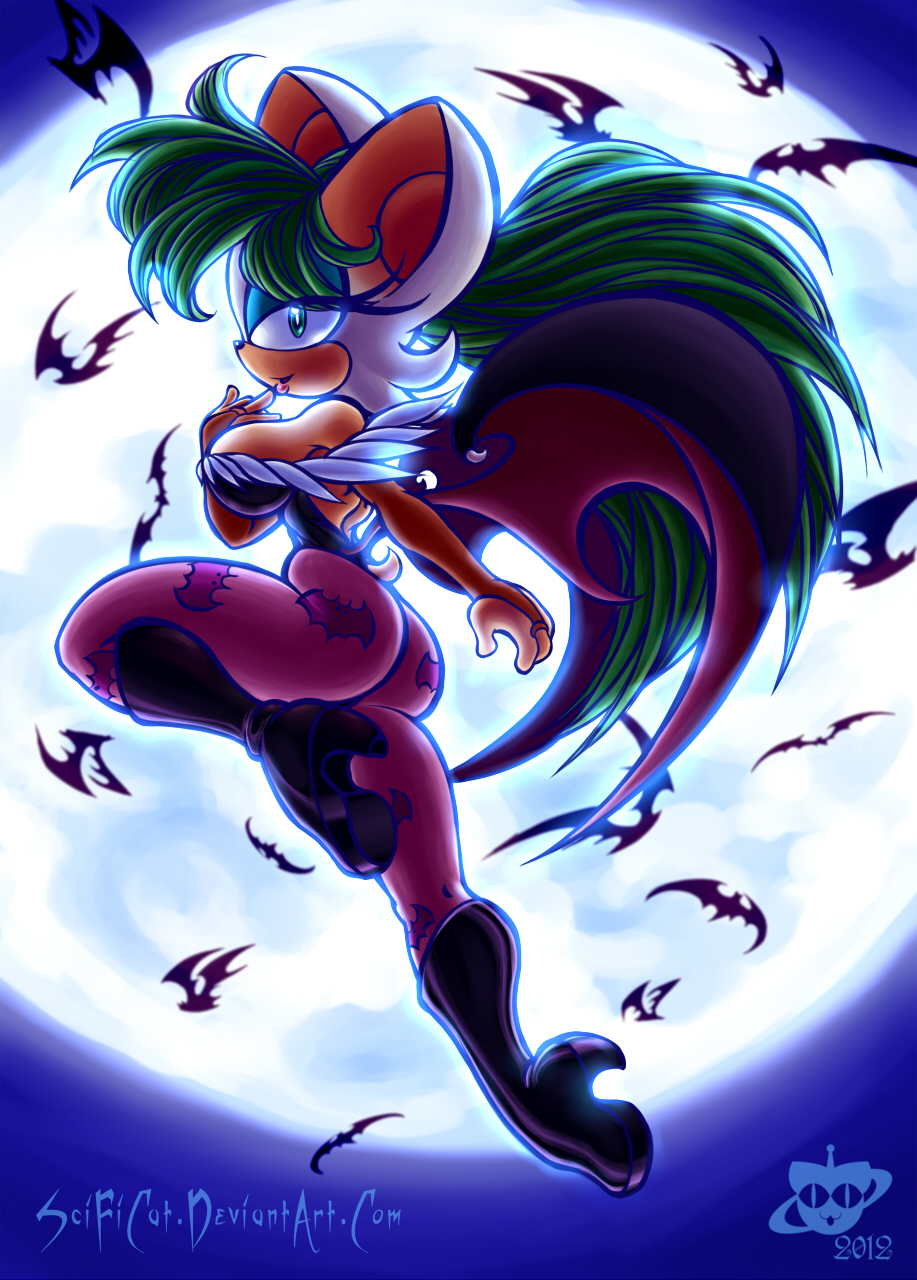 1girl 2013 ass bat big_breasts black_nose boots breasts butt cleavage clothed clothing cosplay darkstalkers deviantart devil elbow_gloves female female_only finger_on_lip fingerless_gloves flying gloves green_eyes green_hair hair heels high_heeled_boots high_heels long_hair makeup moon morrigan_aensland rouge_the_bat scificat sega sideboob skimpy solo_female sonic_(series) sonic_the_hedgehog_(series) thighs tight_clothing tights video_games white_hair wings