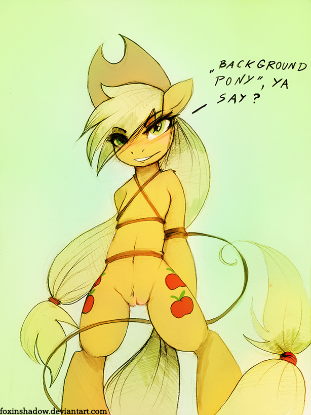 2013 applejack arms_behind_back arms_tied blonde_hair blush bound cowboy_hat cutie_mark dialogue english_text equine female fim foxinshadow friendship_is_magic green_background green_eyes hair hat horse long_hair mlp my_little_pony navel nude orange_fur plain_background pony pussy rope simple_background smile solo standing teeth text zero-sum