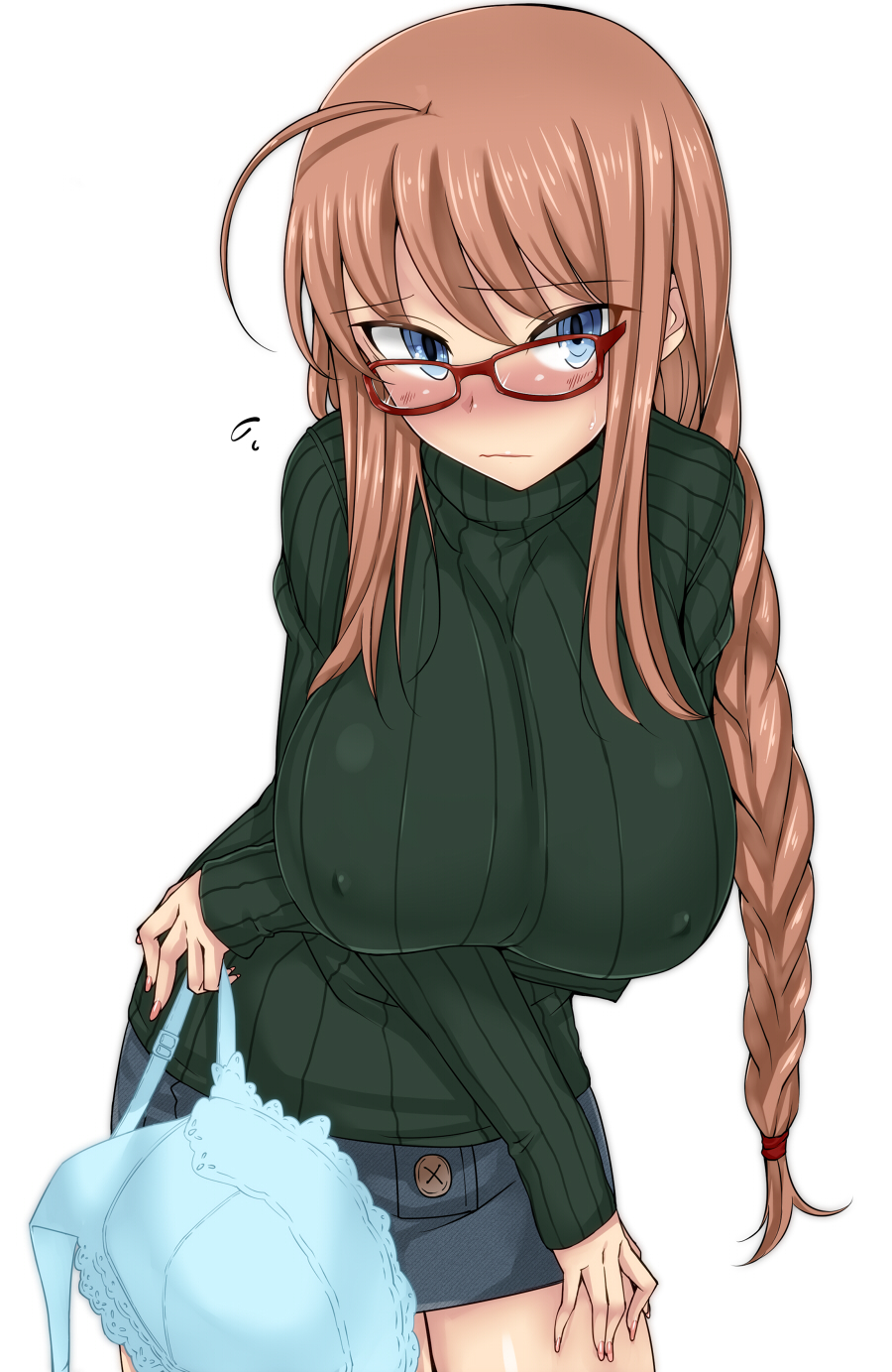 ahoge blue_eyes blush bra bra_removed breasts brown_hair glasses green_shirt high_res highres huge_breasts long_hair looking_at_viewer maru_(maruttona) miniskirt minoru_oba o-cup-chan ooba_minori original red-framed_glasses ribbed_sweater shirt skirt solo sweater turtleneck underwear