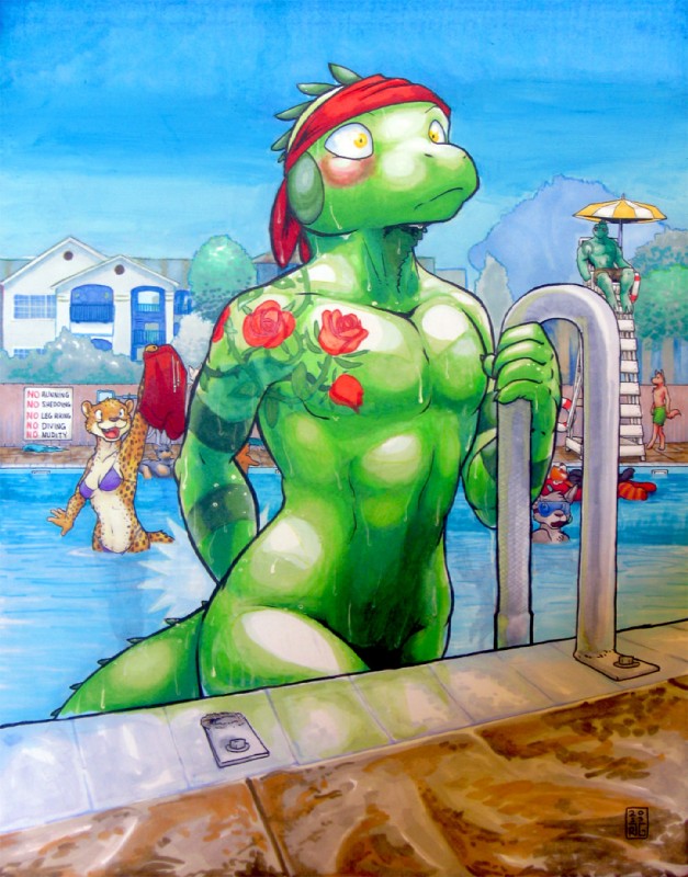 anthro bandanna bikini blush canine clothed_female_nude_male clothing doberman dog embarrassed embarrassing feline funny furry green_skin guana iguana leopard lifeguard lizard male nude original pool public_nudity red_panda rick_griffin rose scalie shorts shoulder_tattoo smile surprise tattoo tight_clothing water wolf yellow_eyes zard_(character)