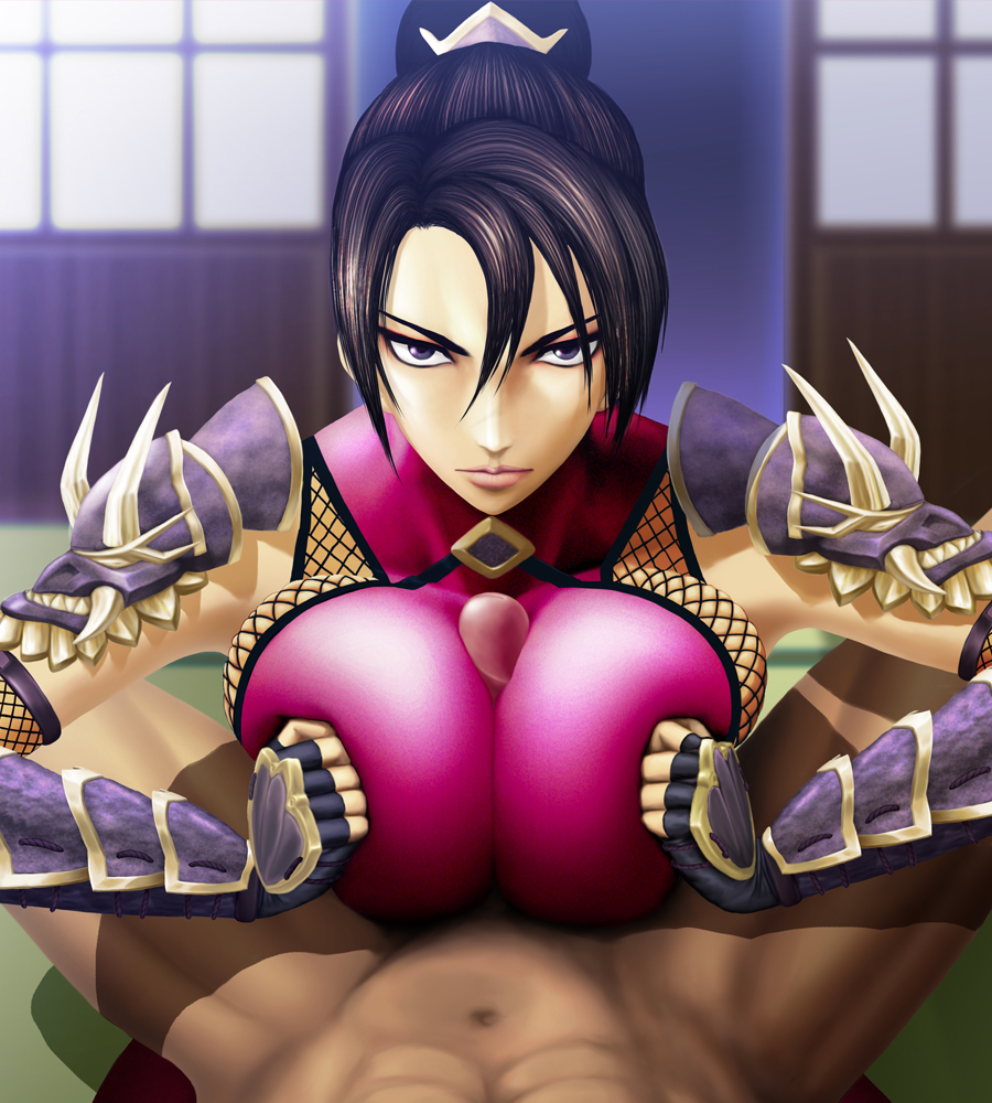 1boy 1girl angry bad_anatomy black_eyes black_hair bodysuit breasts clothed_female_nude_male female fingerless_gloves gloves indoors long_hair looking_at_viewer necrolust paizuri paizuri_over_clothes penis ponytail pov pov_eye_contact serious shoulder_pads skindentation soft_breasts soul_calibur soul_calibur_ii soul_calibur_iii soulcalibur_iv taki taki_(soulcalibur) tatami uncensored