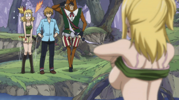 2girls 3boys animated animated_gif bare_shoulders big_breasts blonde_hair blush bouncing_breasts breasts brown_eyes cap center_opening cleavage doppelganger fairy_tail fanservice flashing gemini_(fairy_tail) gif hibiki_(fairy_tail) lucy_heartfilia multiple_boys multiple_girls natsu_dragneel nipple_slip nipples no_bra rudo sagittarius_(fairy_tail) screencap shirt_lift sideboob smile surprise surprised tattoo topless undressing wristband